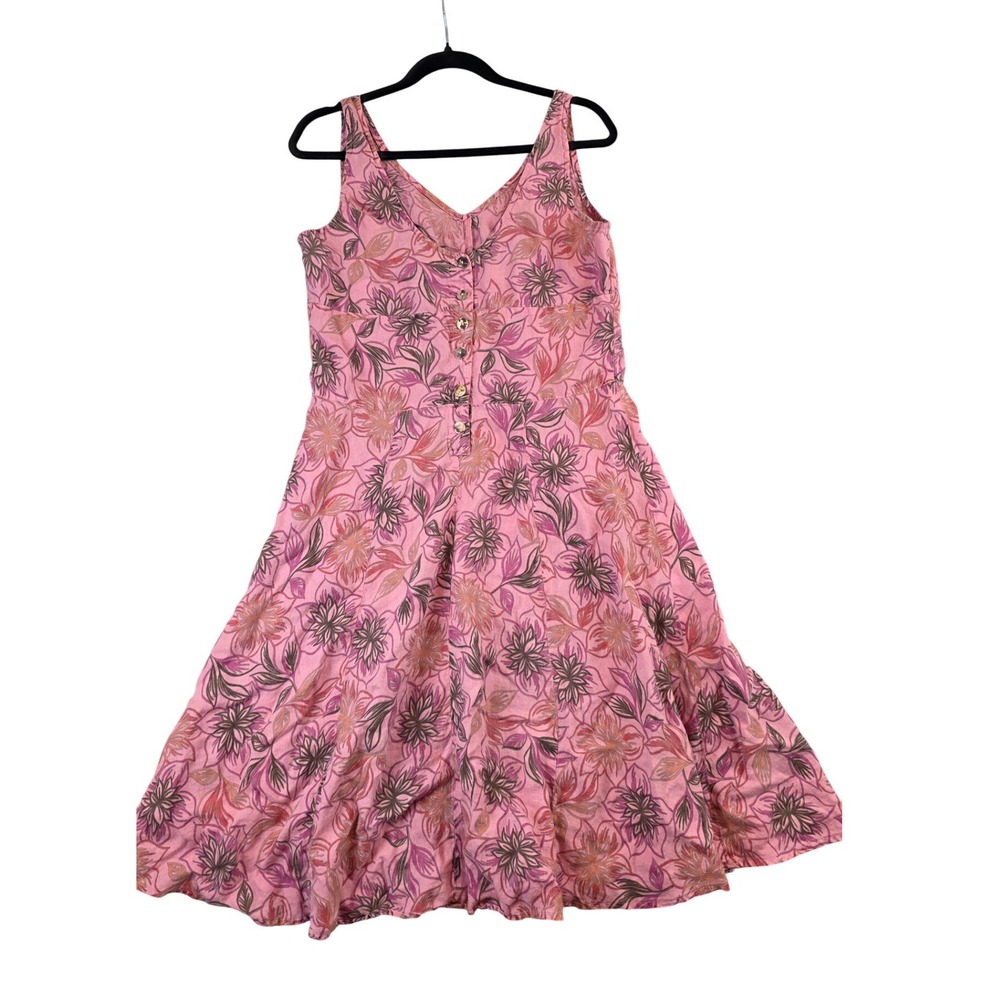 Cut Loose Womens Pink Floral 100% Linen Sleeveless V-Neck Midi Dress Large USA - Picture 12 of 13